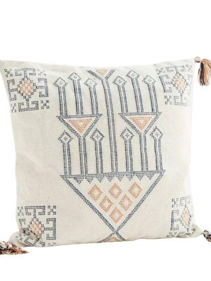 Housse de coussin crème bleu et terracotta