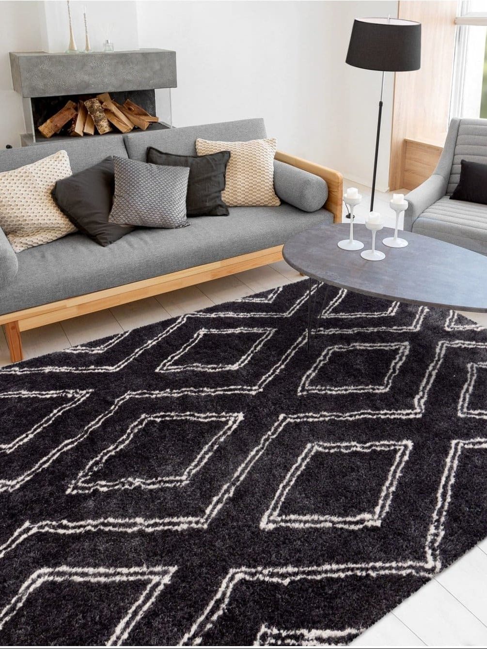 tapis anthracite motif berbere blanc
