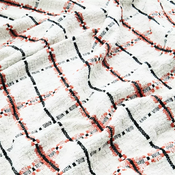 Plaid, jeté de lit carreaux - coton, blanc, noir et corail