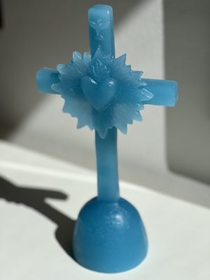 Croix cœur de lumière en cire – turquoise