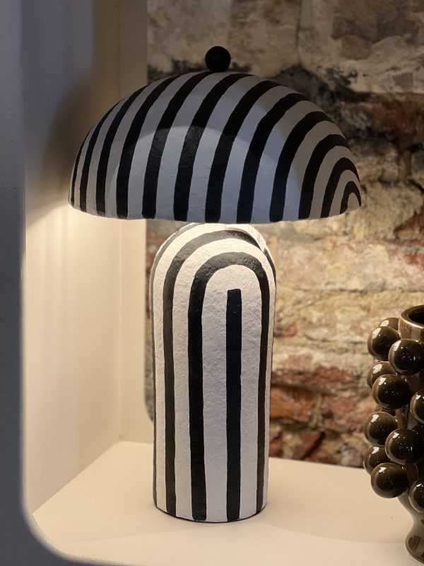 Lampe champignon rayures - papier maché, noir et blanc