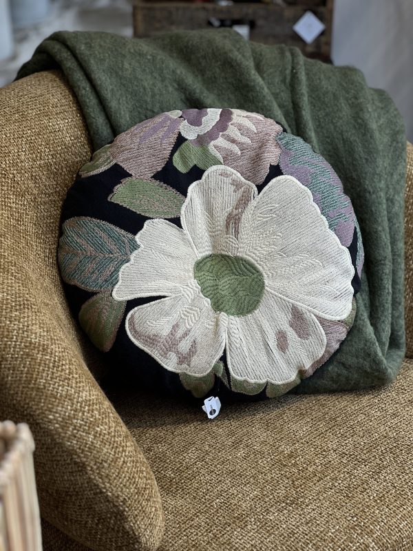 Coussin rond brodé - noir